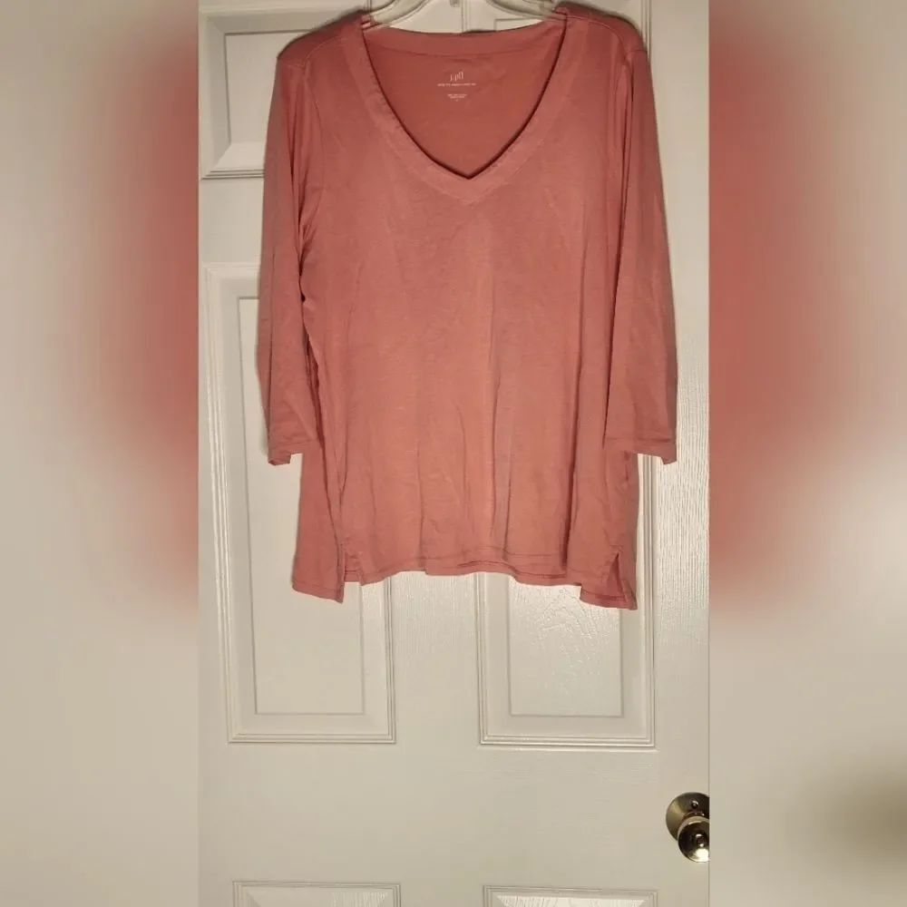 J.Jill L Coral 100% PIMA COTTON Cotton V Neck 3/4 Sleeve Women's Top  Blouse